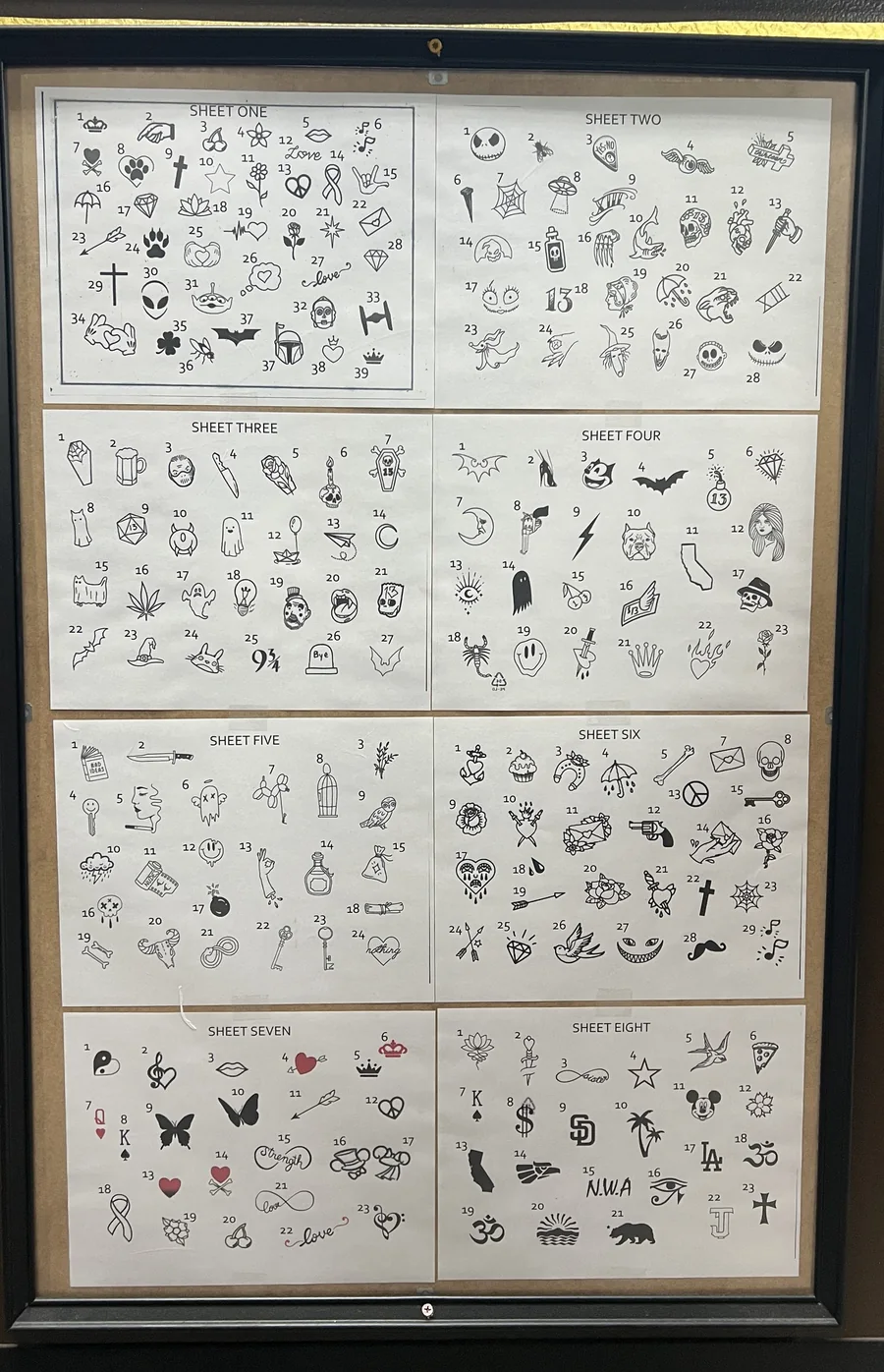 Corkboard of fine-line flash, sheets one to eight