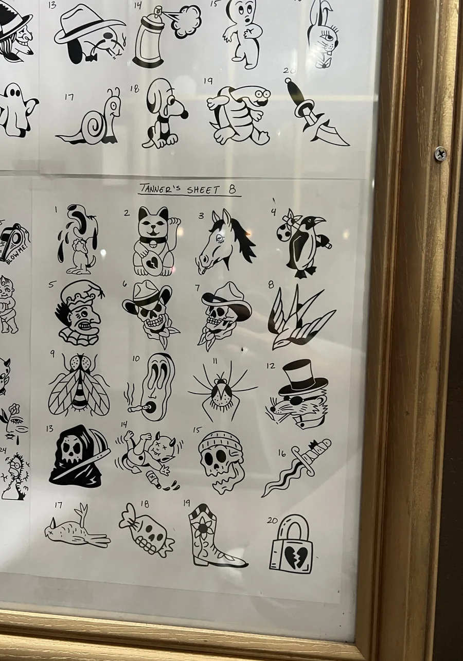Tanner's own hand-drawn flash sheets